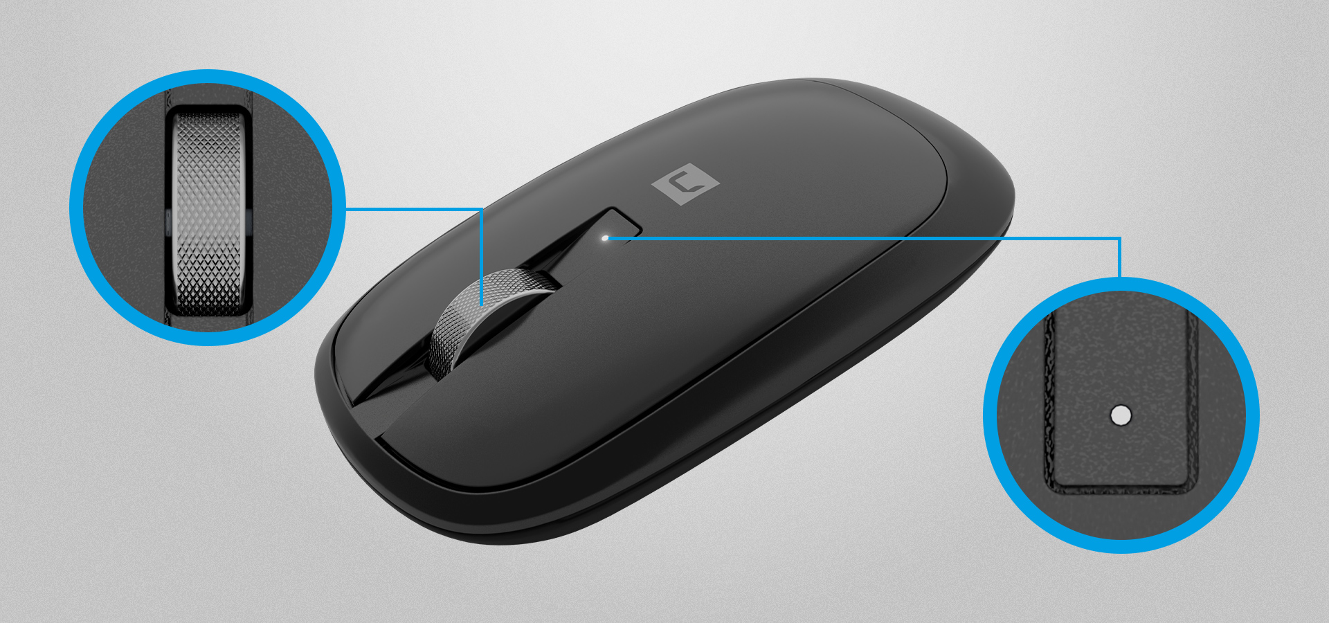 Bezprzewodowa mysz z kółkiem przewijania i funkcją cichej pracy.