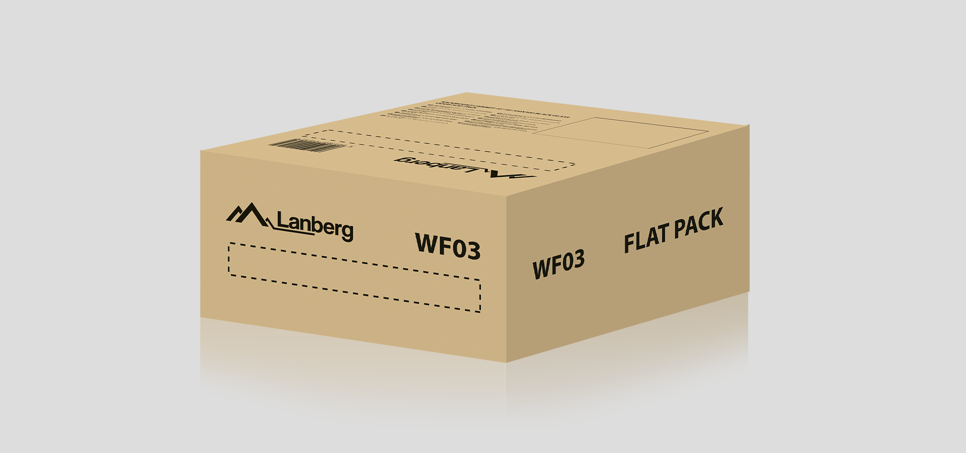 Pudełko kartonowe oznaczone "WF03" i "FLAT PACK" firmy Lanberg, przeznaczone do przechowywania lub instalacji sprzętu.