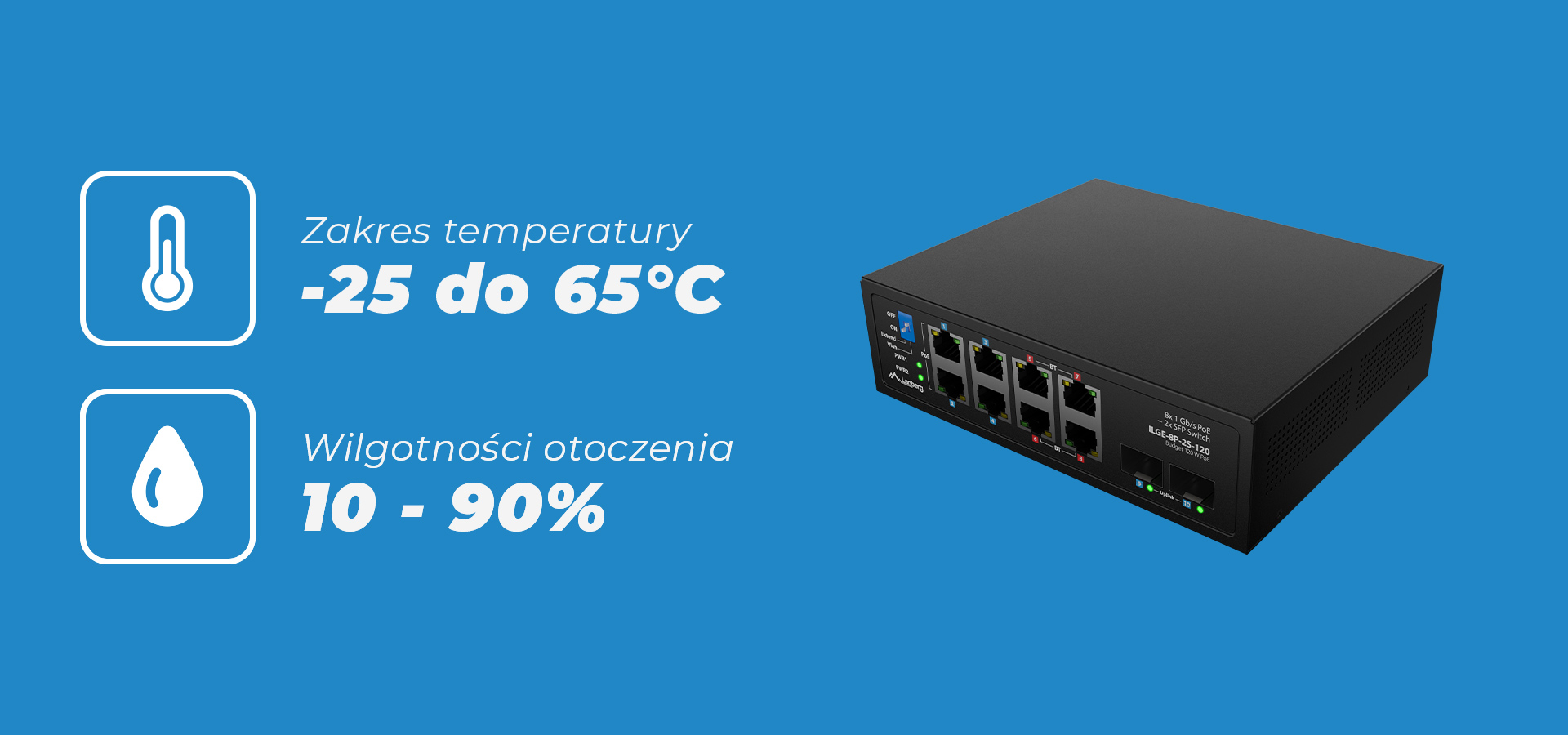 Urządzenie sieciowe z pięcioma portami do podłączenia na niebieskim tle.