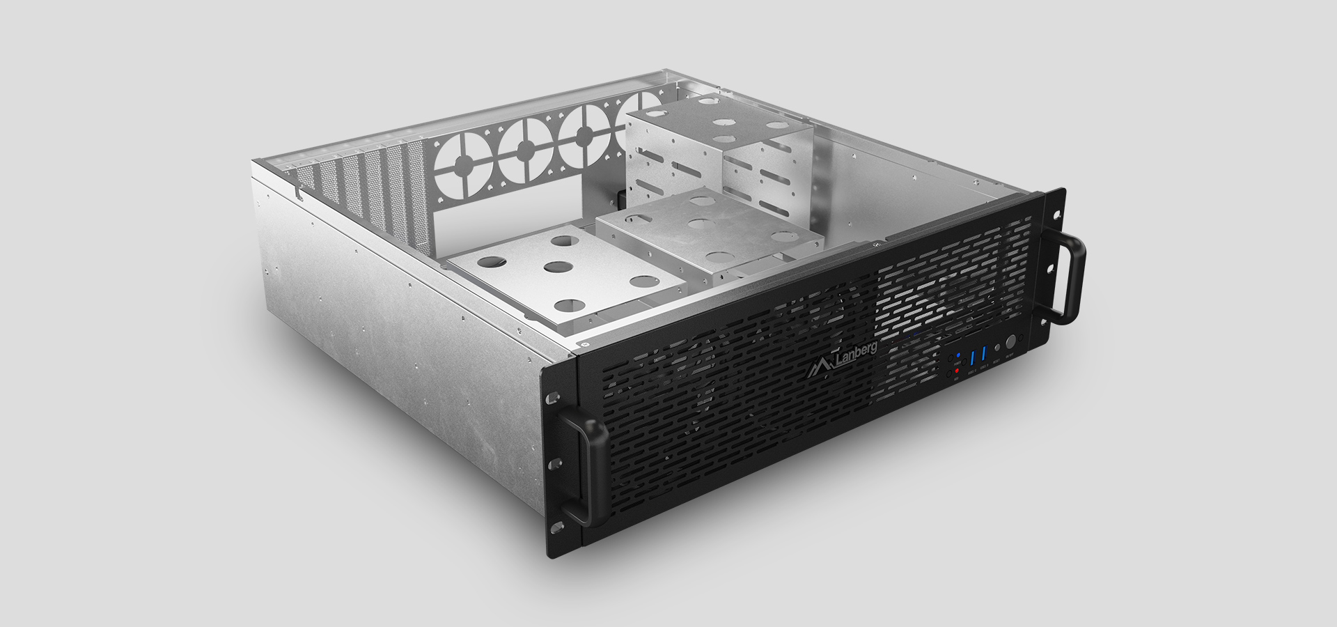Otwarte chassis do montażu w szafie z metalową ramą i panelem przednim dla części elektronicznych.