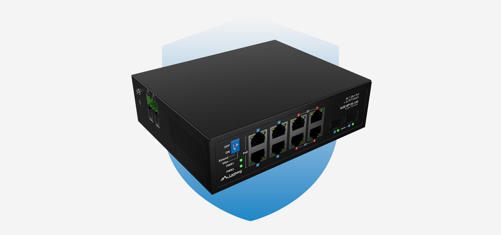 Przełącznik sieciowy z wieloma portami i diodami na eleganckiej czarnej obudowie.