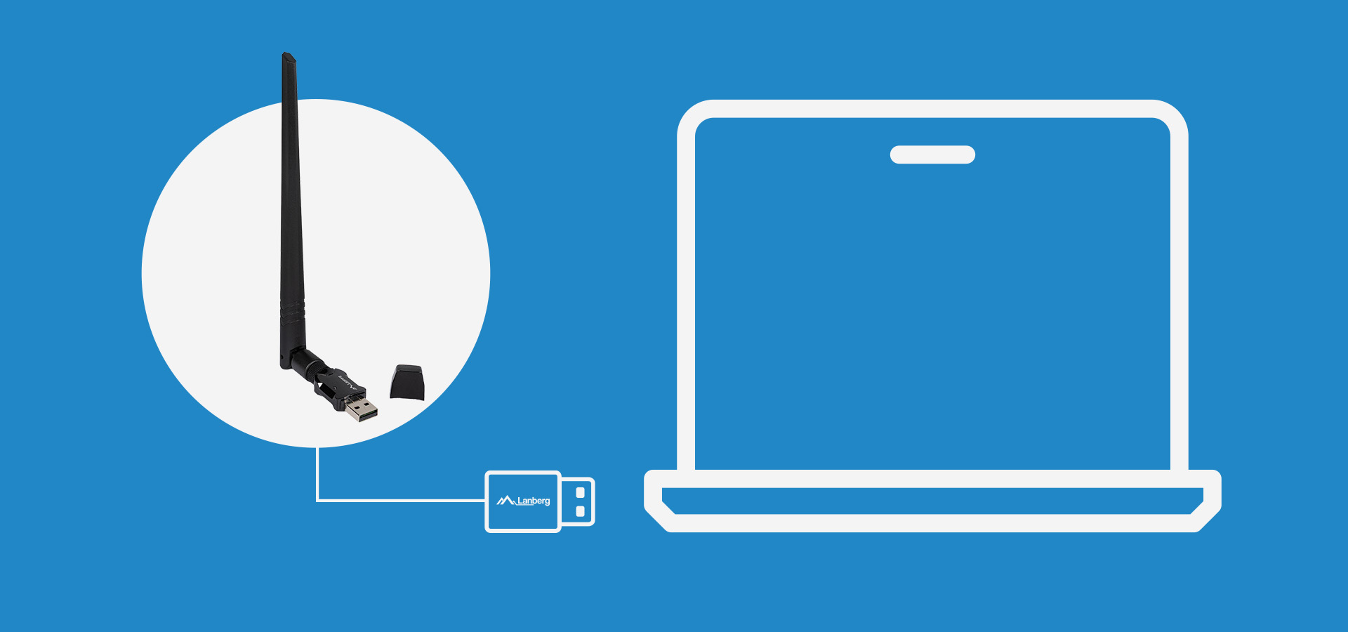 Bezprzewodowa karta sieciowa z długą anteną i połączenie z laptopem