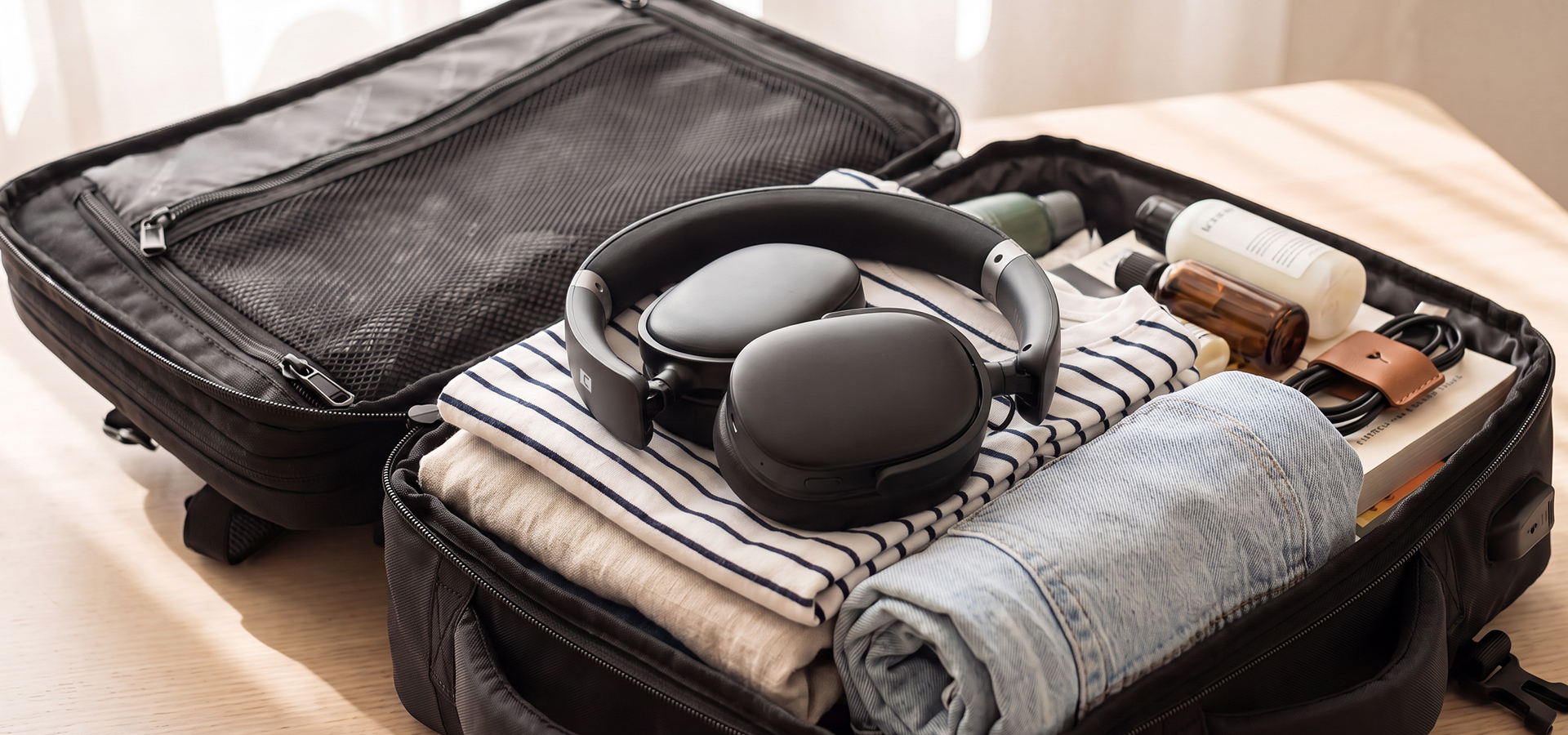 Black bag open with headphones, clothes, and cosmetics neatly arranged inside.