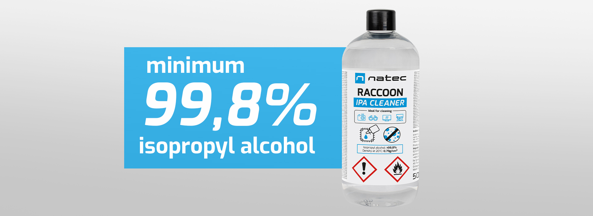 Clear bottle with a black cap containing a colorless liquid and hazard symbols.