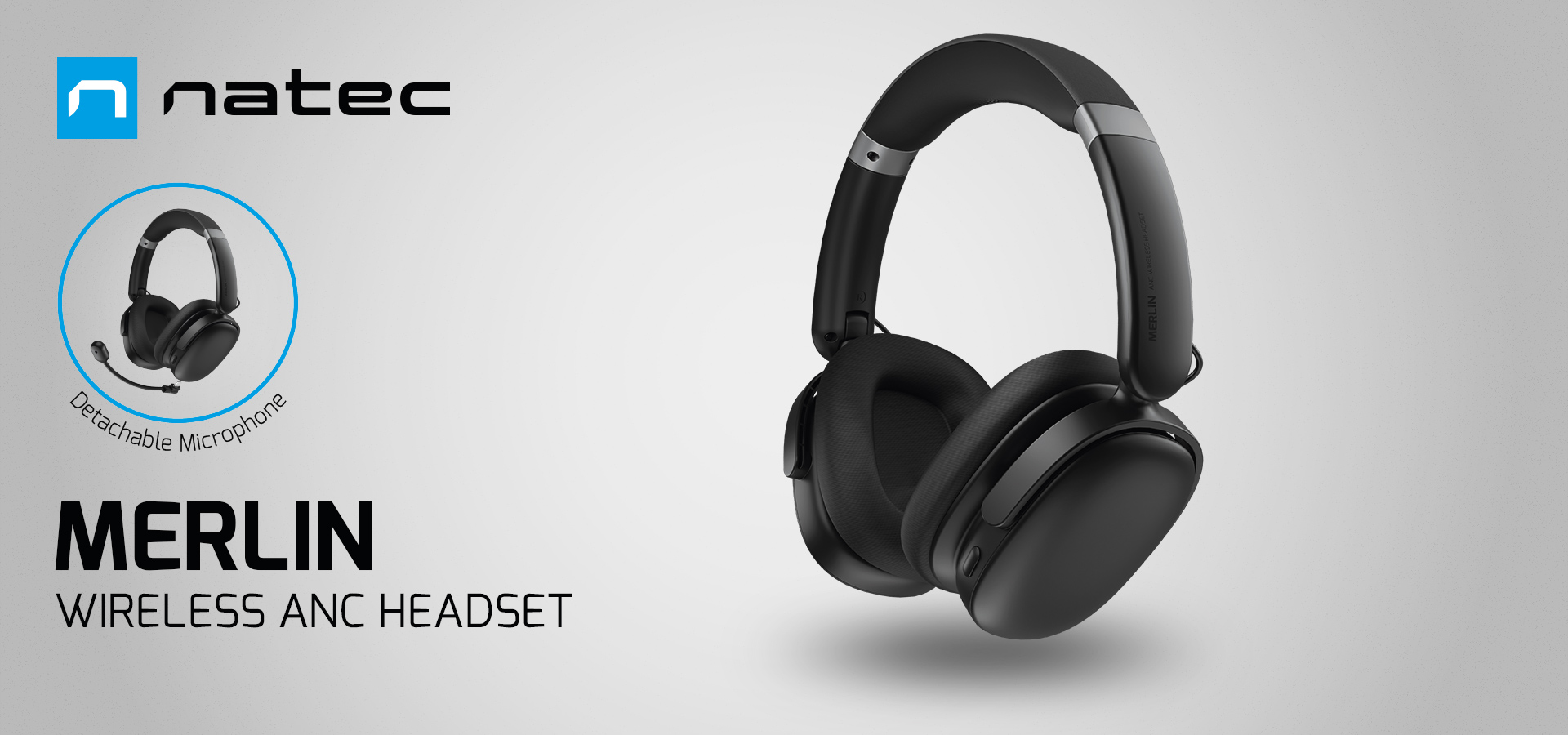 A black wireless headset with cushioned ear cups and a detachable microphone.