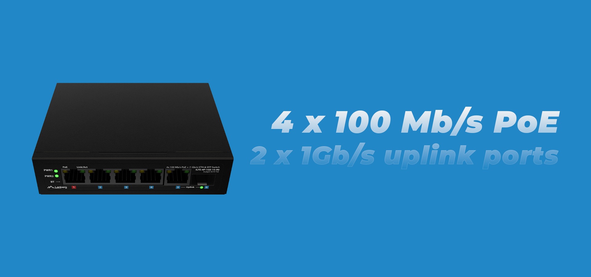 Przełącznik sieciowy z czterema portami do zasilania i czterema dodatkowymi portami do połączenia.