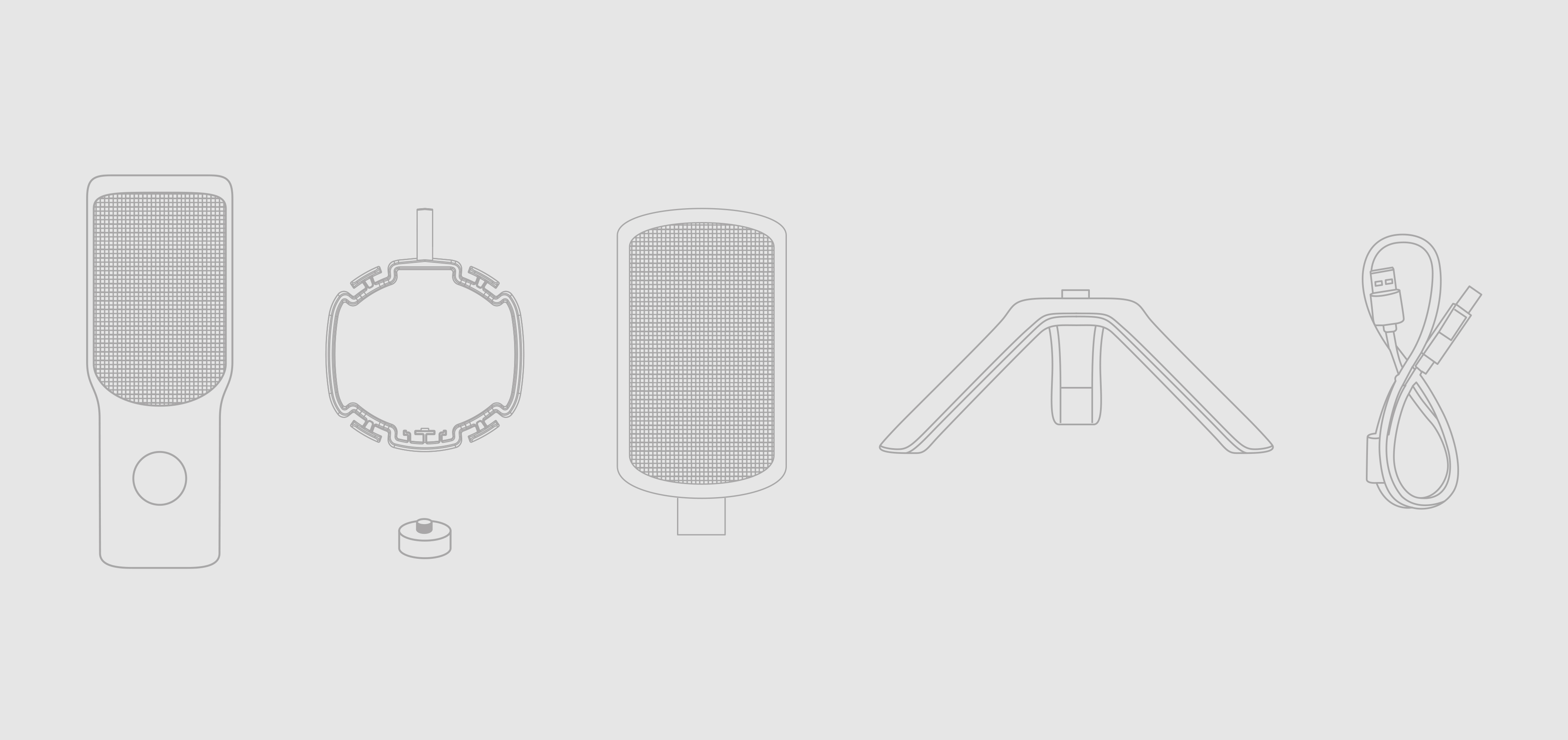 Schwarzes USB-Mikrofonset mit Mikrofon, Schockhalterung, Ständer, Adapter und Kabel