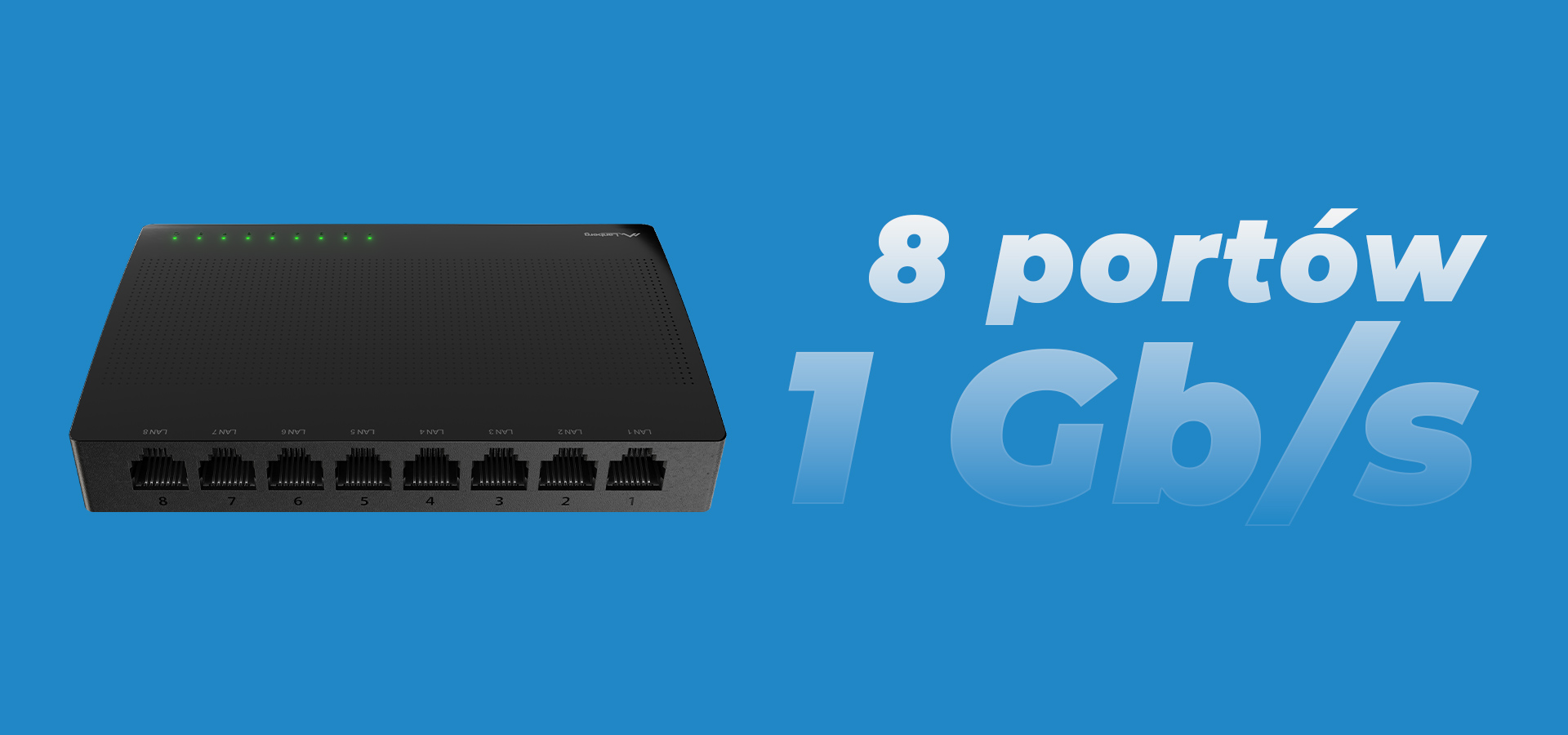 Przełącznik sieciowy z ośmioma portami i diodami LED na ciemnej powierzchni.