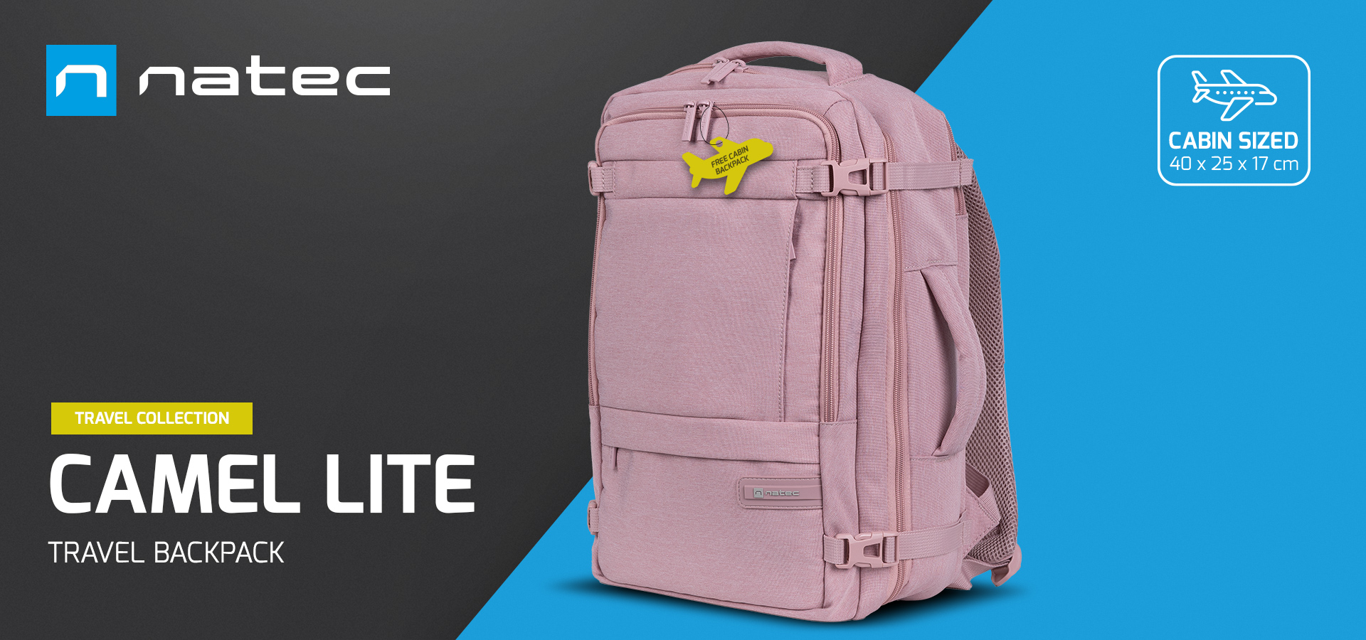 Light pink travel backpack with adjustable straps and breathable mesh side pockets.