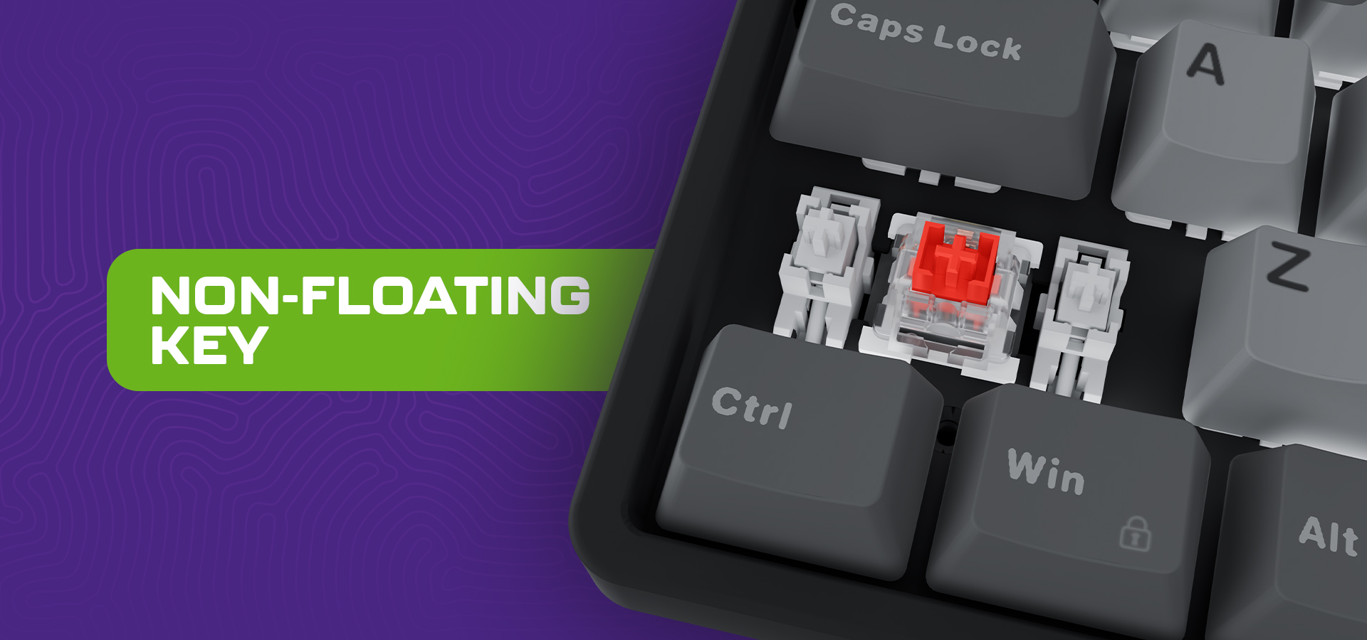 Zbliżenie na klawiaturę z nieunoszącym się klawiszem i czerwonym przełącznikiem otoczonym szarymi klawiszami.