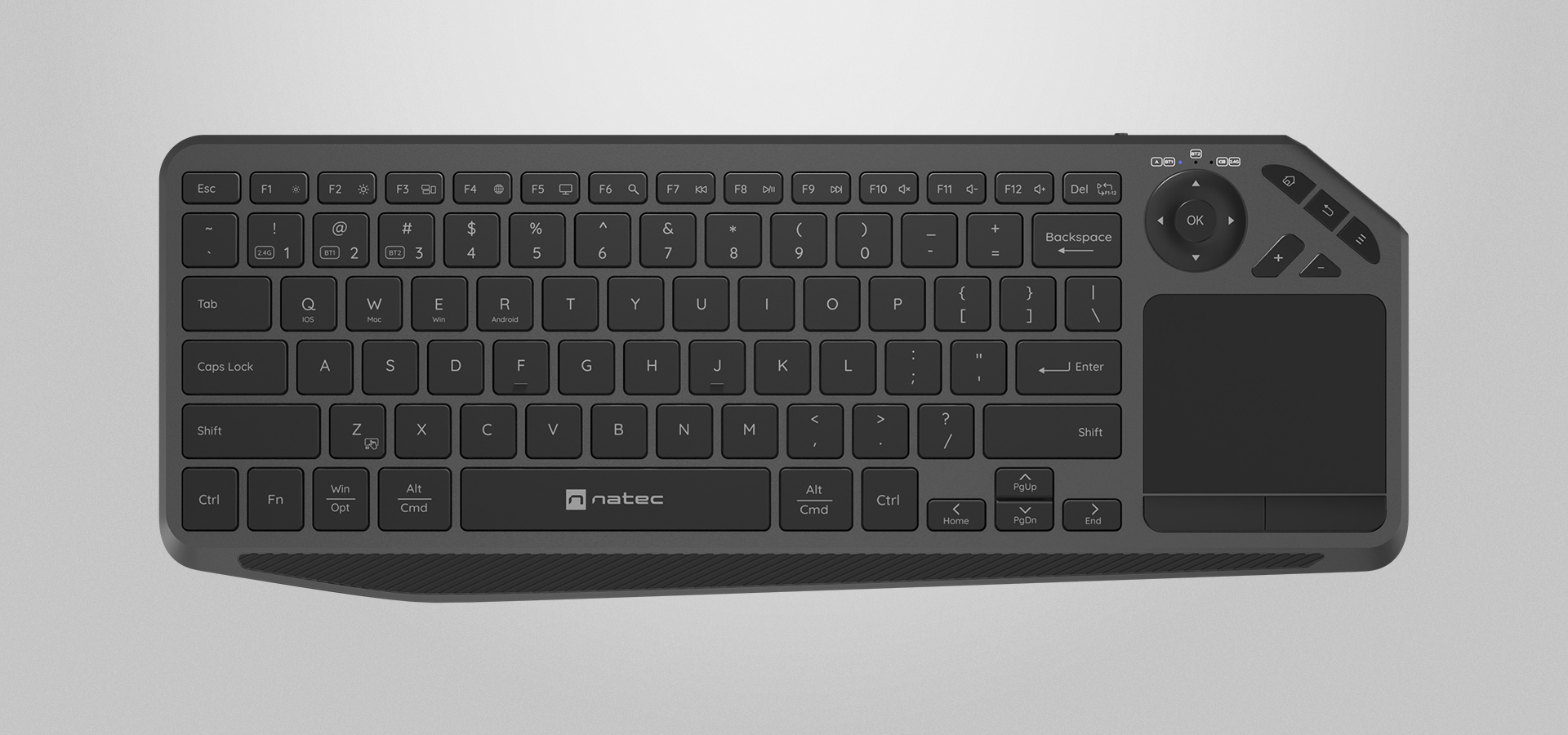 Bezprzewodowa klawiatura z wbudowanym gładzikiem i przyciskami multimedialnymi.