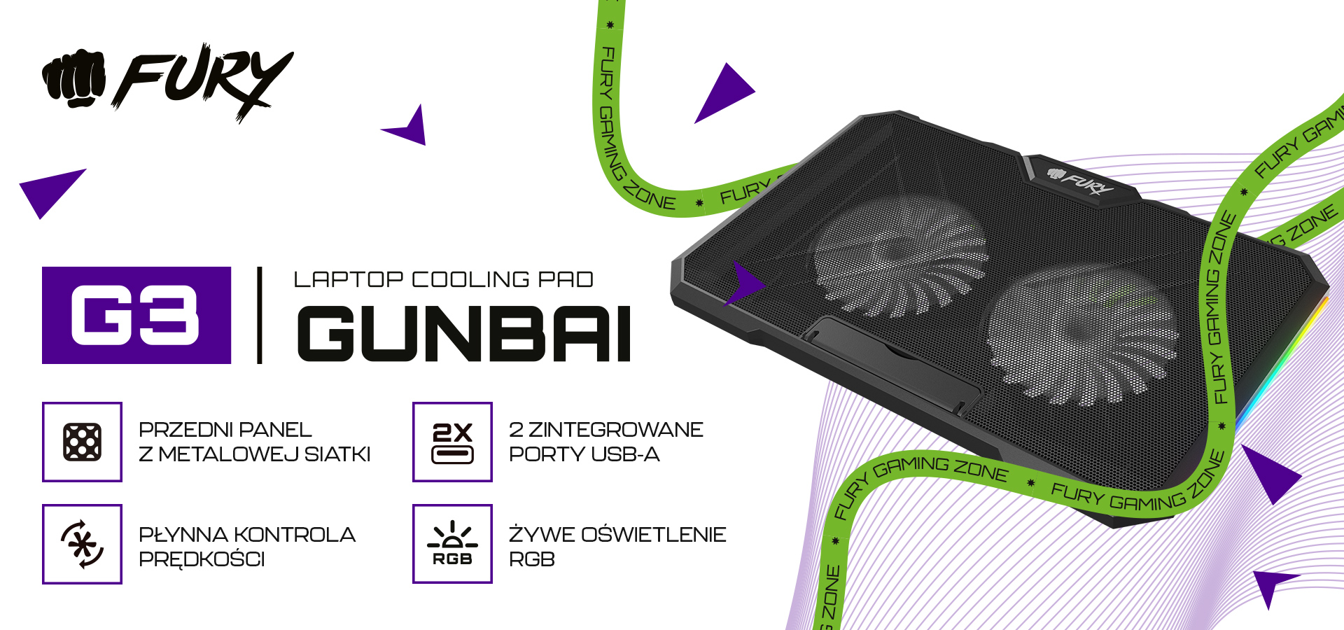 Podkładka chłodząca pod laptopa z dwoma wentylatorami, oświetleniem RGB i dwoma zintegrowanymi portami połączeniowymi