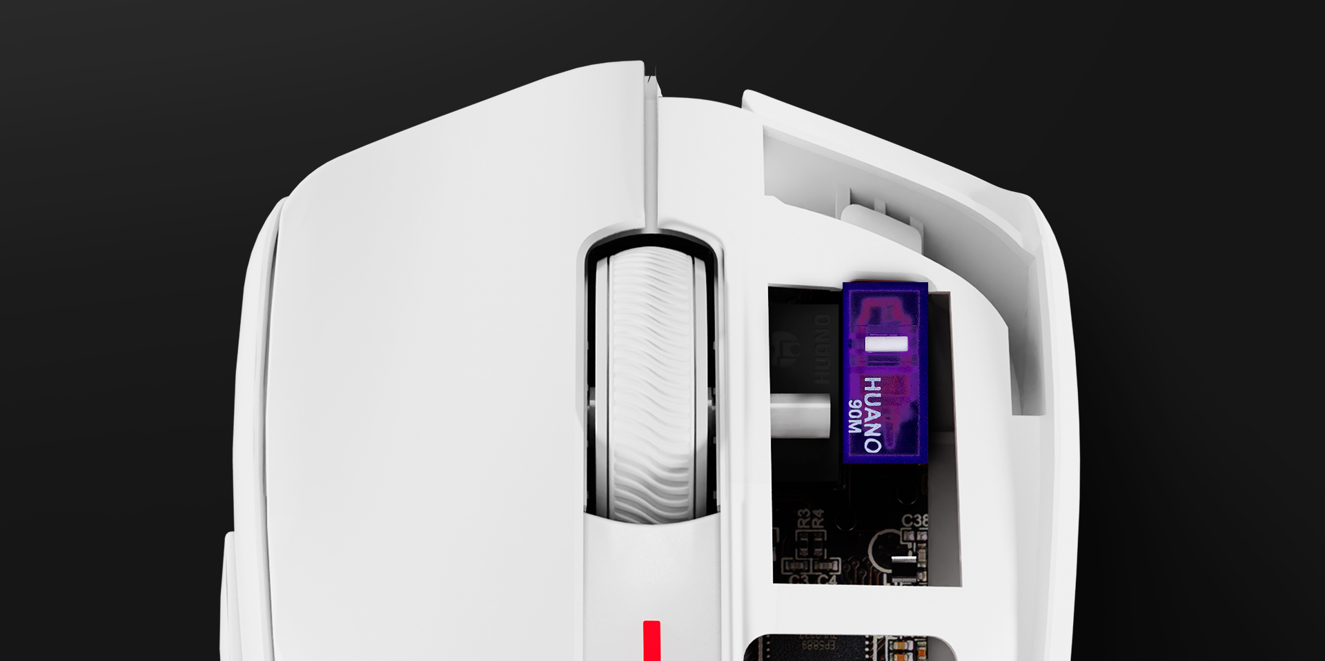 Widok z góry białej myszy do gier Genesis Zircon 500 G2, pokazujący kółko przewijania i gniazdo odbiornika USB