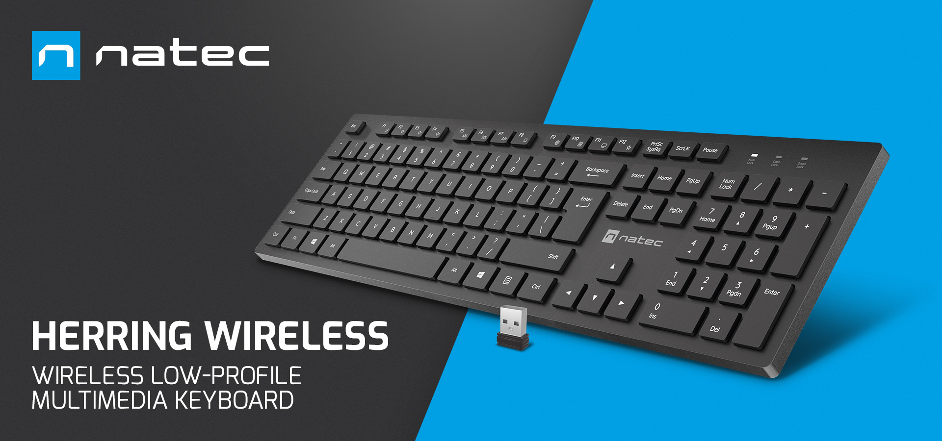 Wireless low-profile multimedia keyboard with an attached small connector.