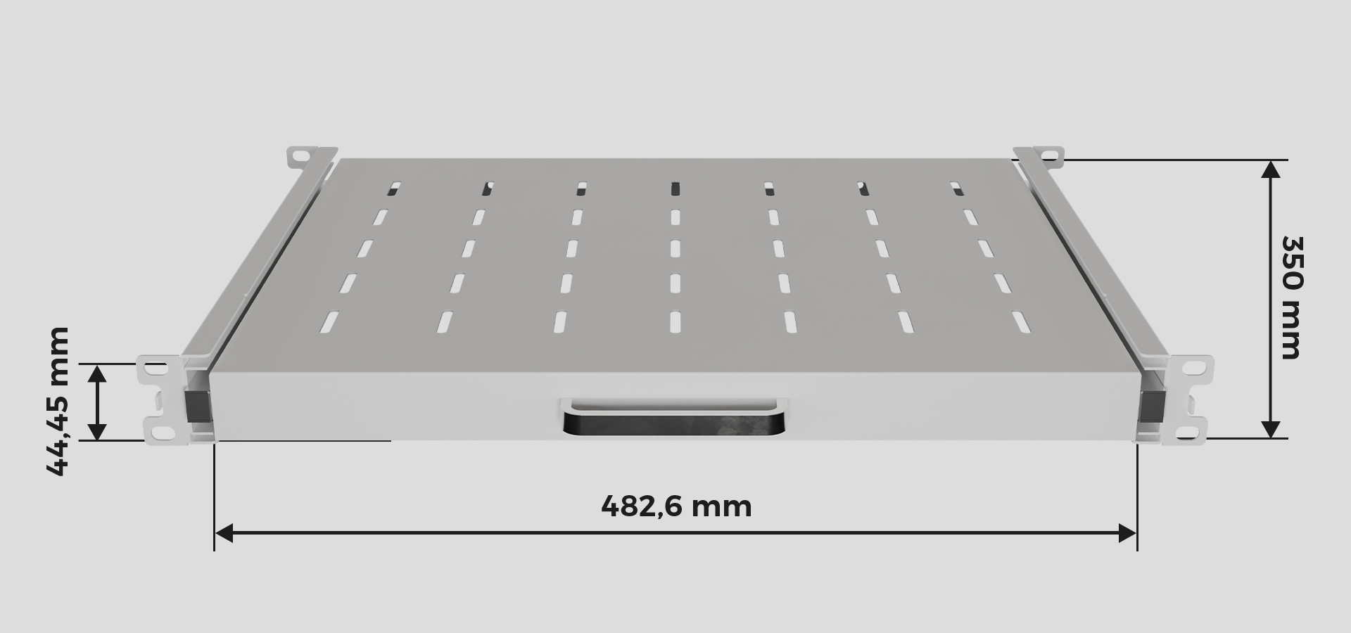 Półka przesuwna 19" do szafy rack, szara, wymiary 445x350mm, 1U, udźwig 35kg, posiada otwory wentylacyjne i czteropunktowy montaż