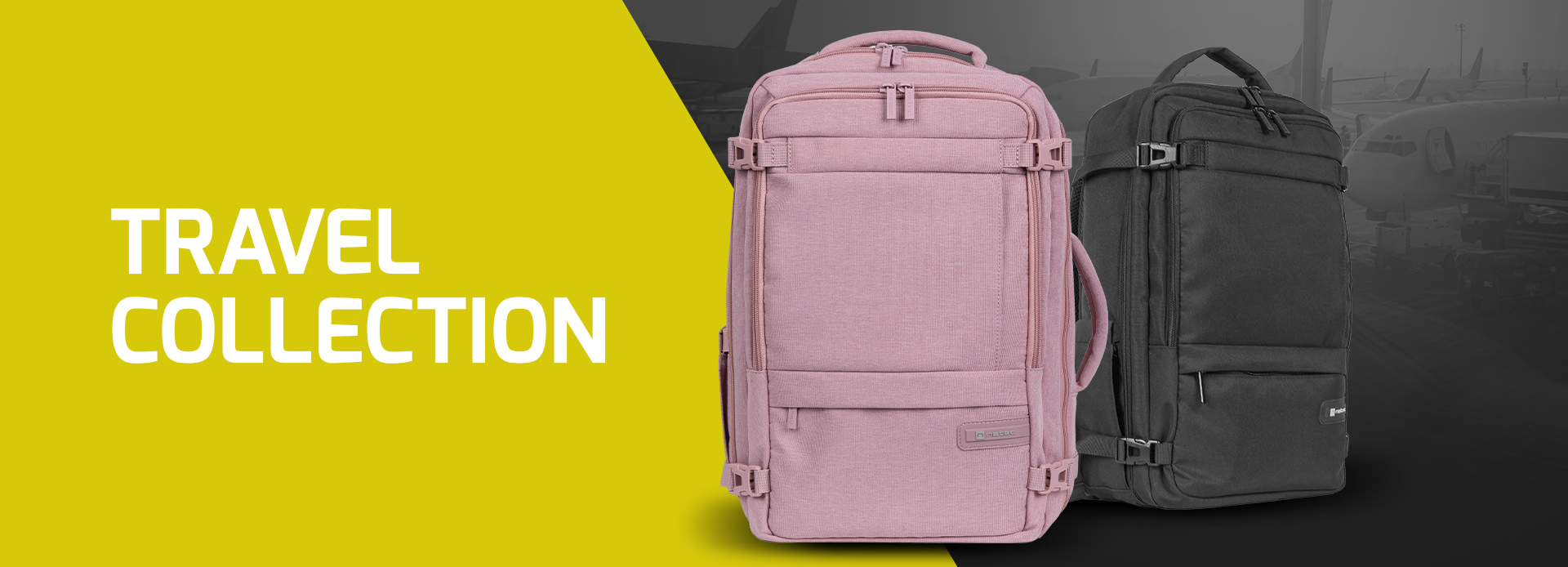 Two backpacks in pink and black displayed against a travel-themed background.