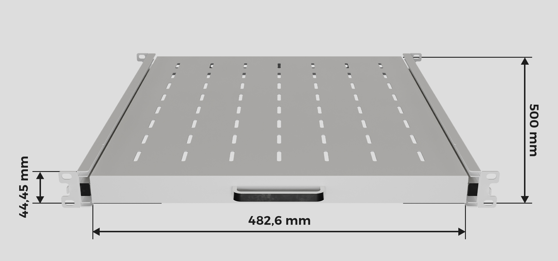Wysuwana półka do szafy rack 19", kolor szary, wymiary 445x500mm, nośność 35kg, posiada 4-punktowe mocowanie