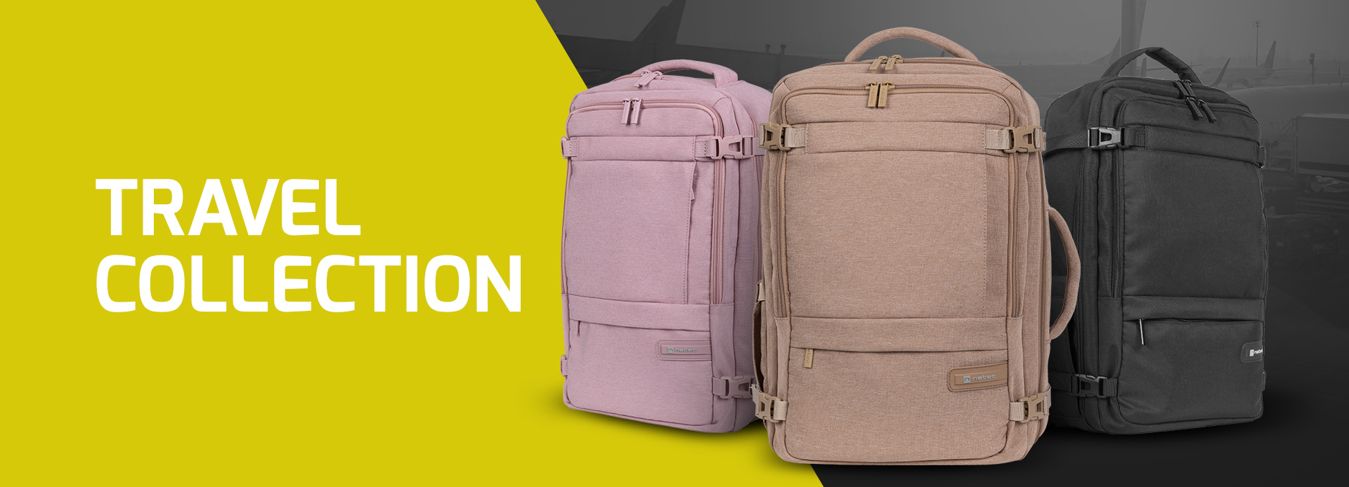 Three travel backpacks in pink, grey, and black against a yellow and grey background.