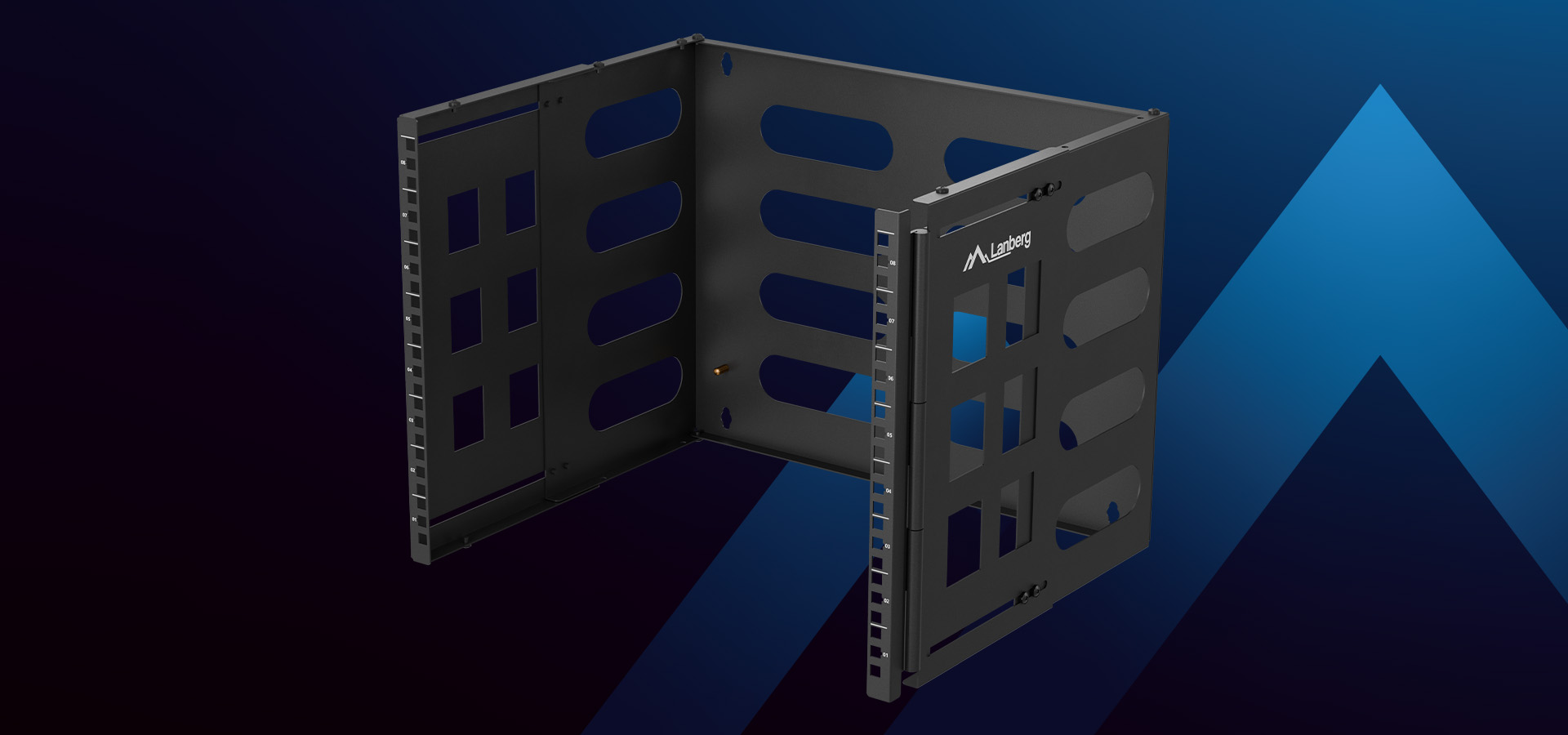 Czarna szafka na sprzęt z wieloma otworami wentylacyjnymi i mocną konstrukcją.