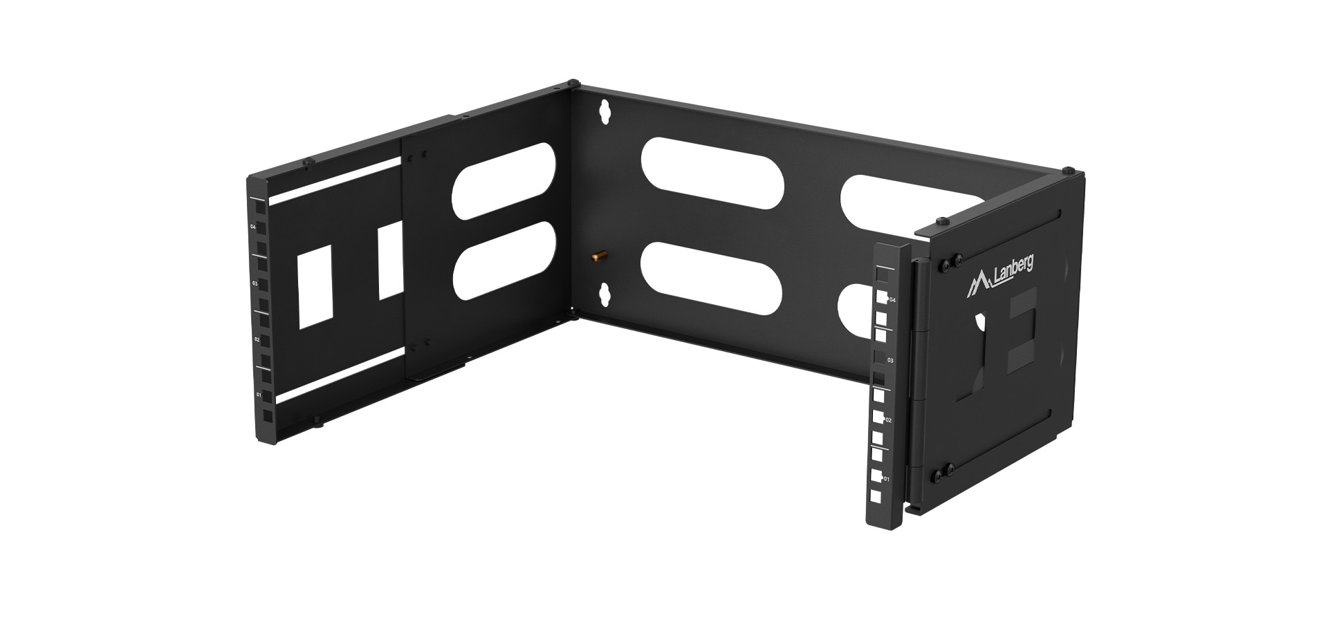 Czarny uchwyt montażowy z wieloma otworami i regulowanymi sekcjami do bezpiecznej instalacji.