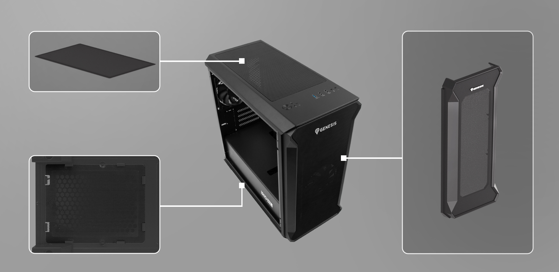 Czarna obudowa Genesis Irid 503 V2 MATX typu mini tower z oknem, wyposażona w wiele oznaczonych komponentów