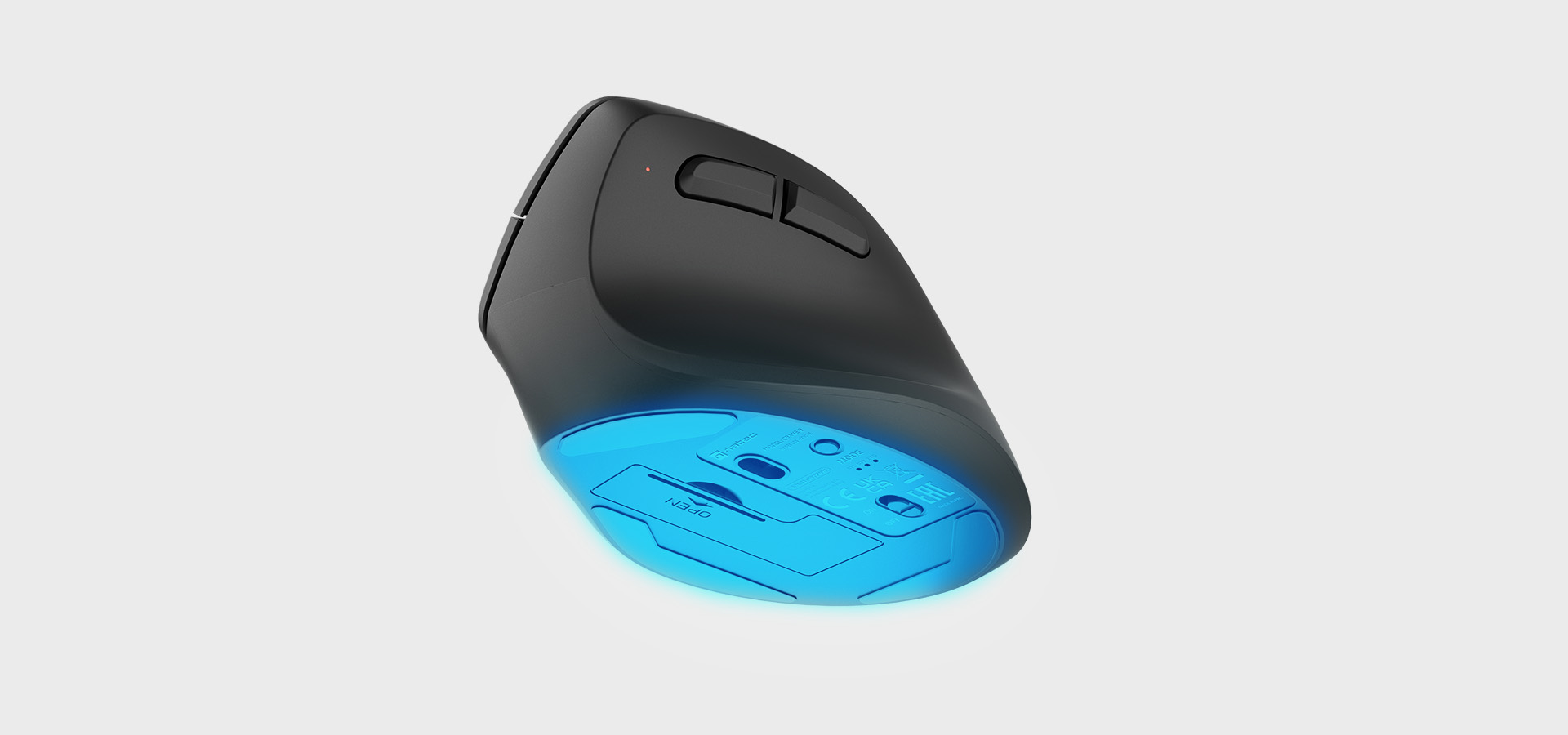 Wireless mouse with two buttons and a glowing blue underside for tracking.