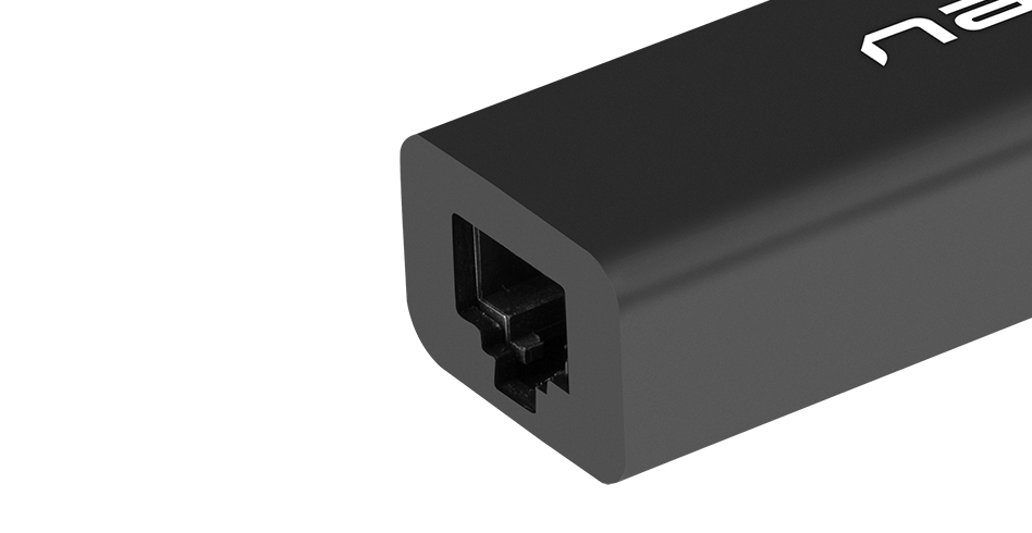Black rectangular device end with a small opening and logo printed on the side.