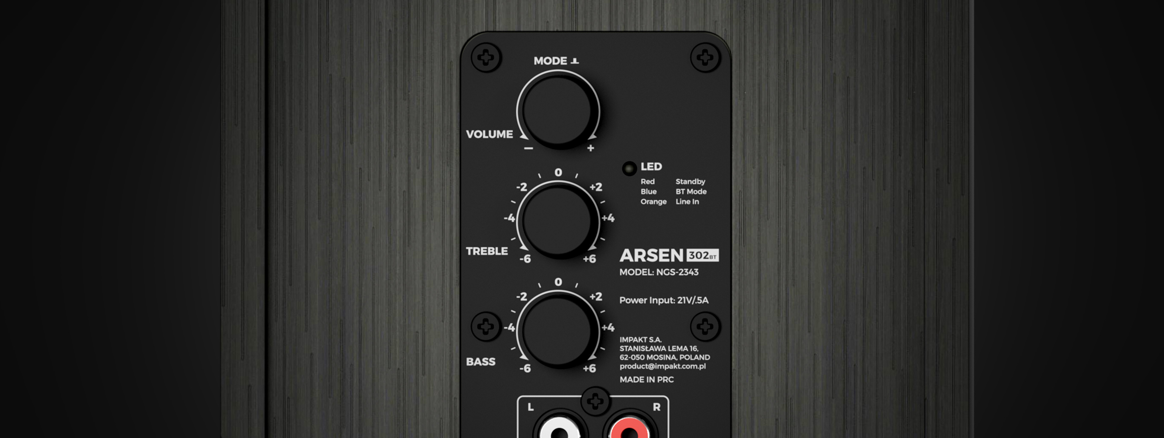 Bedienfeld des GŁOŚNIKI GENESIS ARSEN 302BT mit Reglern für Lautstärke, Höhen, Bass und Eingangsanschlüsse auf einer strukturierten schwarzen Oberfläche