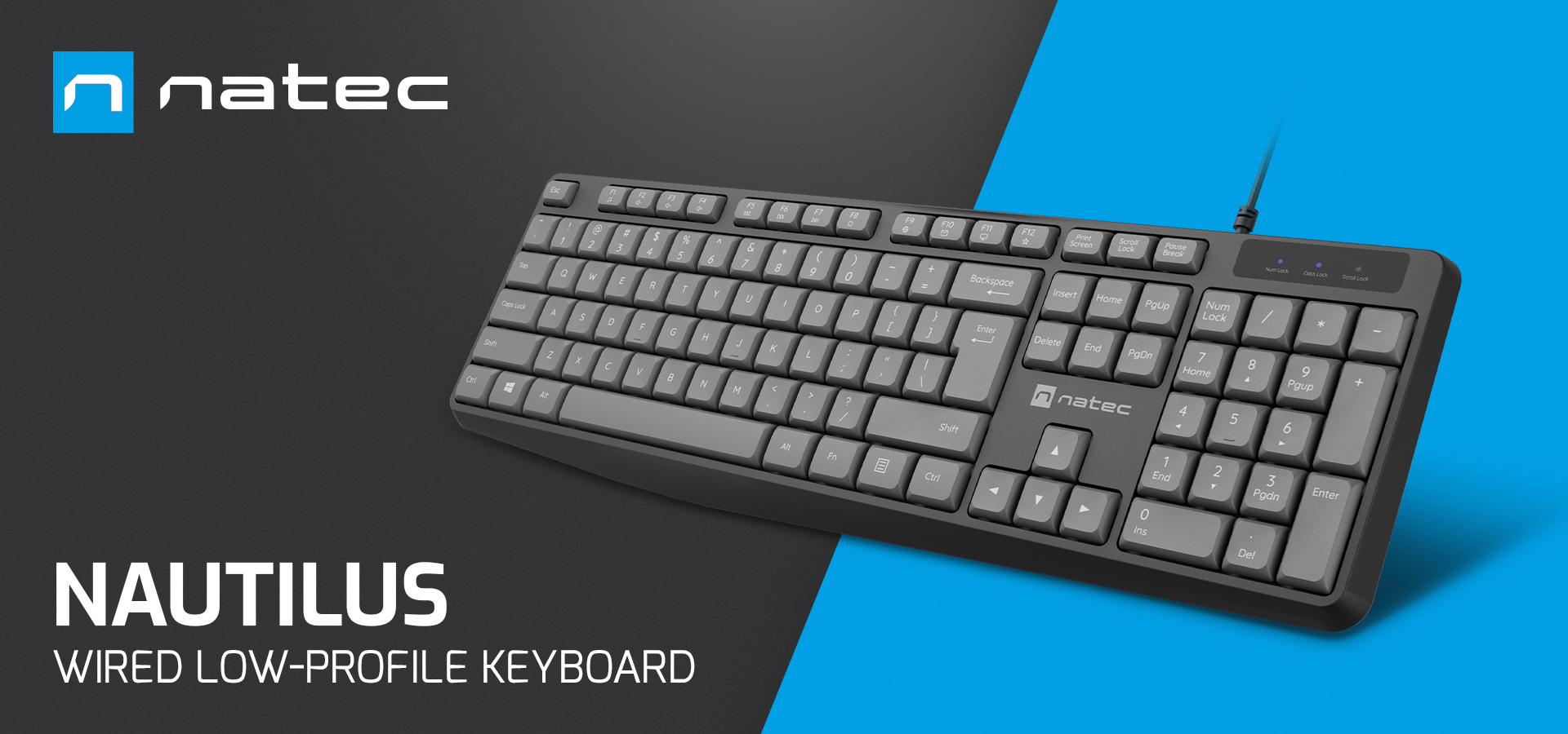 Black wired keyboard with low-profile keys and a connection cable.