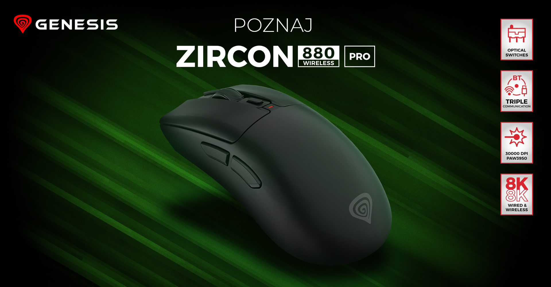 Bezprzewodowa mysz gamingowa o ergonomicznym kształcie i wielu przyciskach do personalizacji.