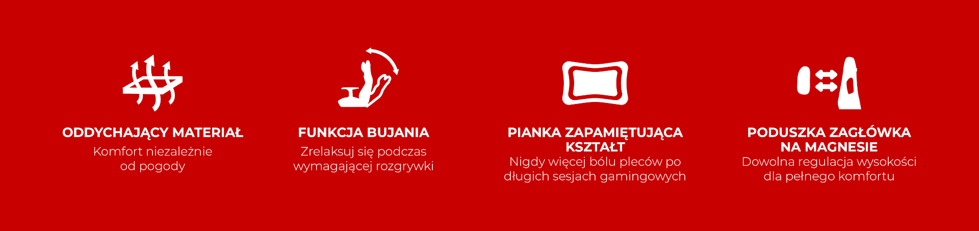 Cztery białe ikony na czerwonym tle przedstawiające różne cechy produktu.