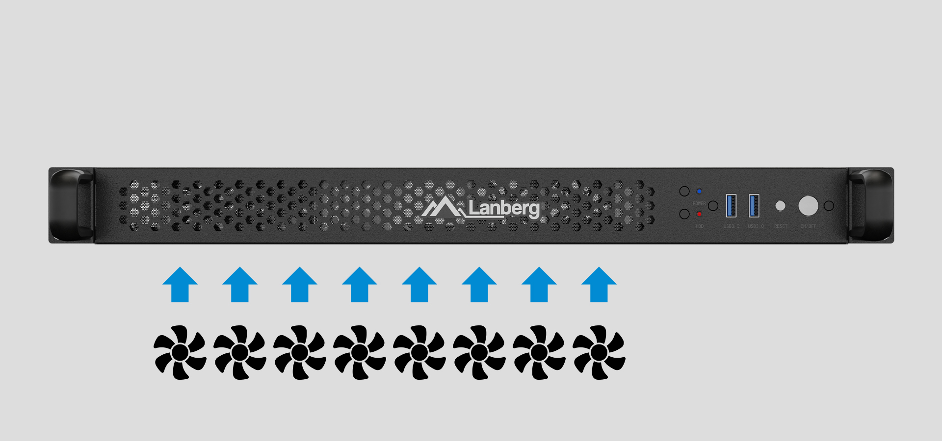 Obudowa serwerowa E-ATX firmy Lanberg, wyposażona w otwory wentylacyjne i porty USB z przodu, przeznaczona do montażu w szafie rack 1U