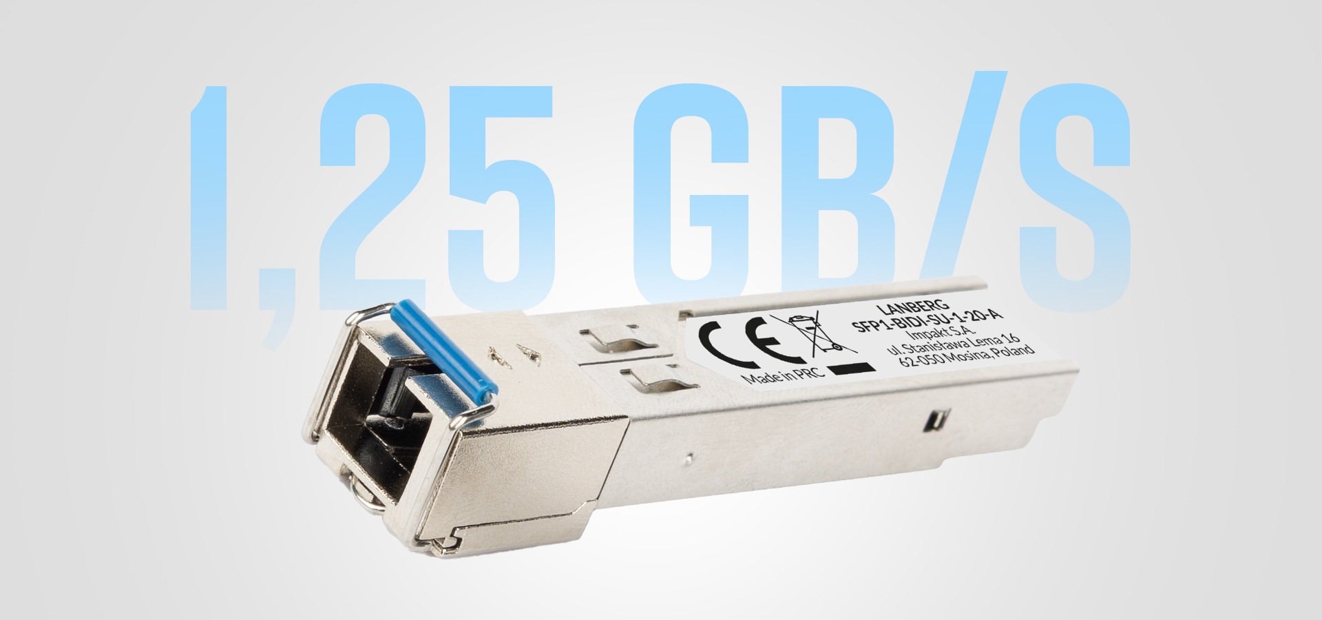 Transceiver module with metal casing and blue connector at one end.