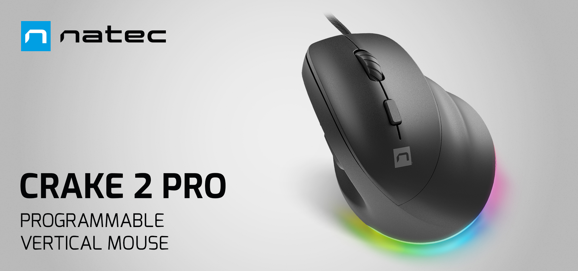 Black vertical mouse with customizable buttons and colorful glowing light at the base.