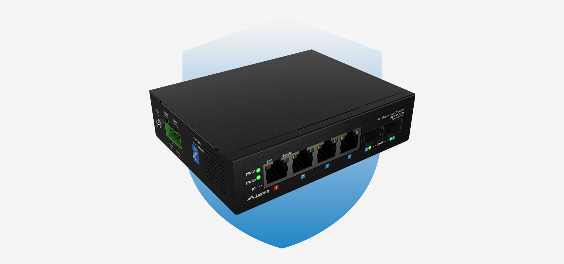 Urządzenie z wieloma portami połączeniowymi i diodami wskaźnikowymi na panelu przednim.