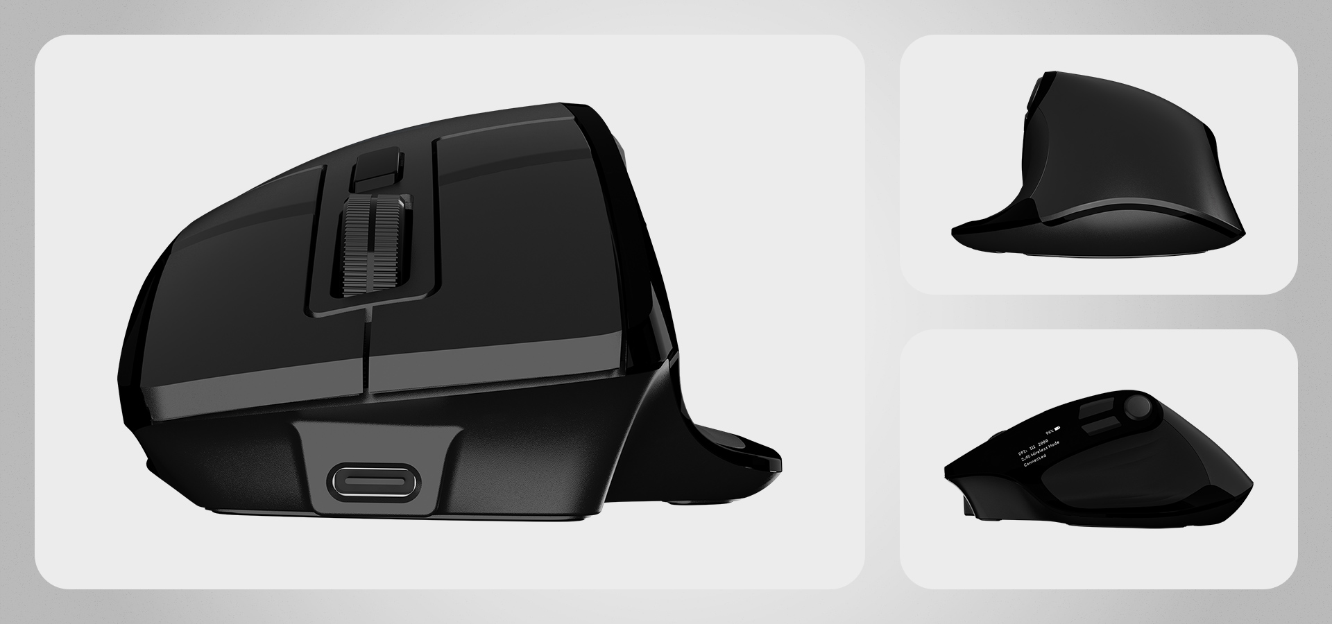 Ergonomic black mouse with a connection port and adjustable side buttons.