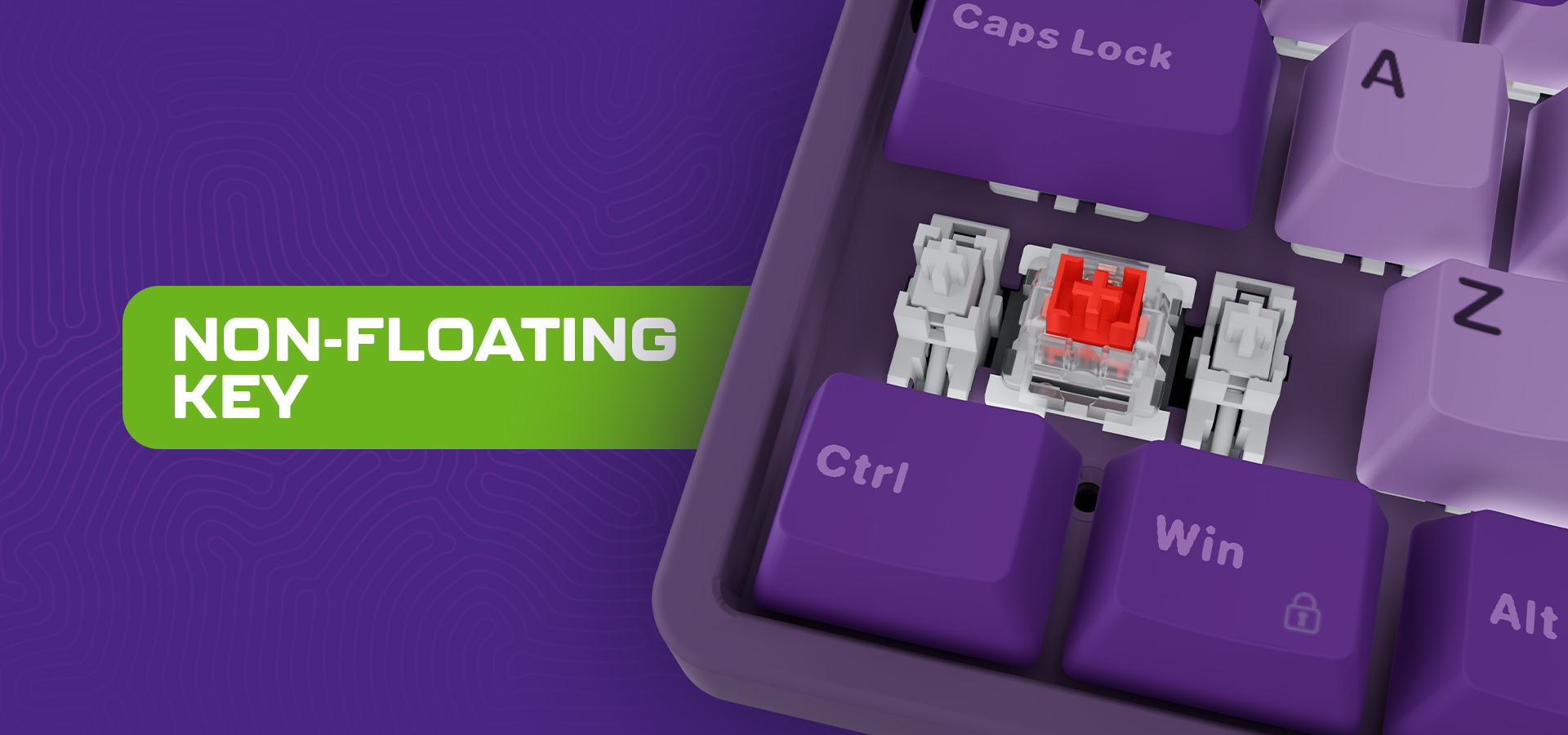 Fioletowa klawiatura z podświetlonym czerwonym przełącznikiem w centrum i klawiszem.