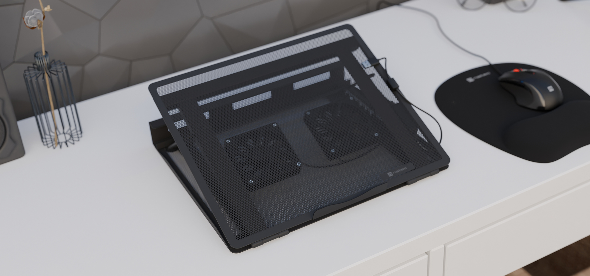 Cooling laptop stand Natec Tern 2 Plus with two fans, suitable for laptops sized 12.1 to 17.3 inches, placed on a desk