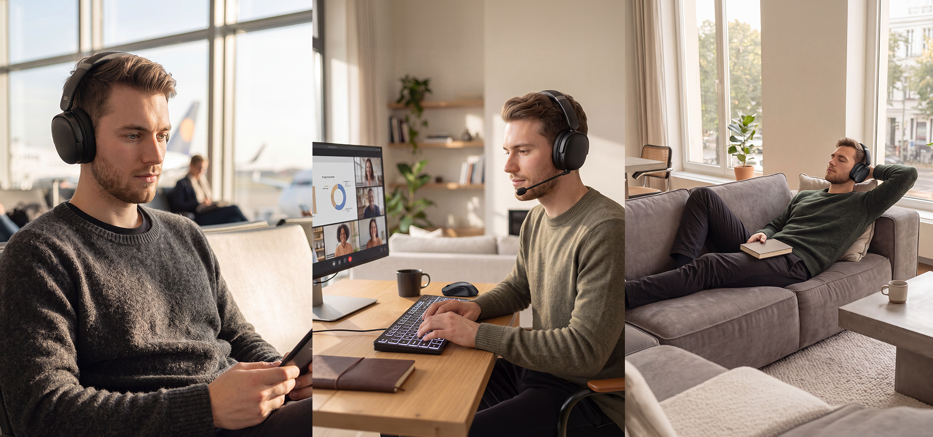 Young man using headphones while sitting at a desk and relaxing on a couch.