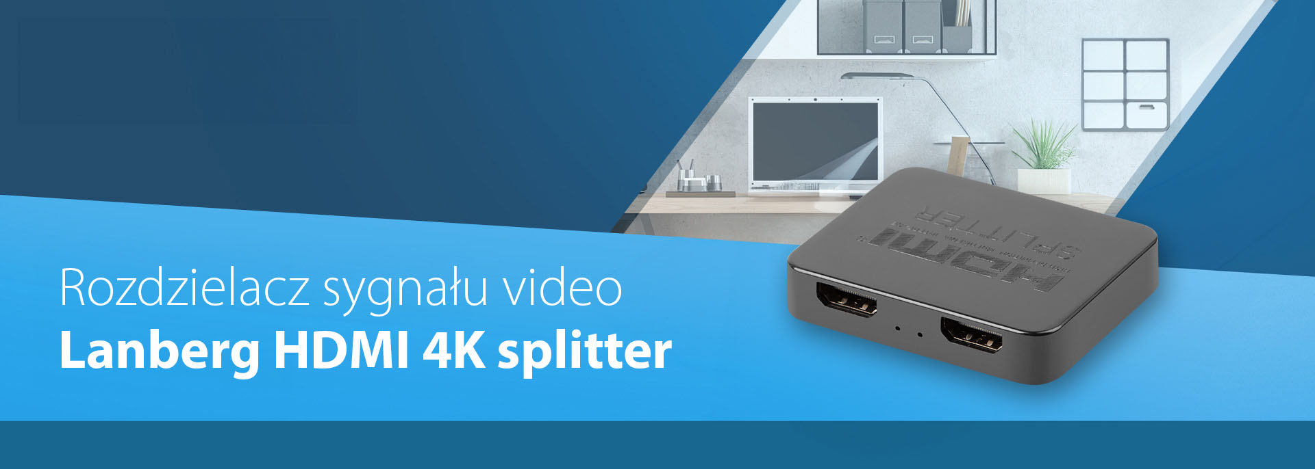 Kompaktowy, czarny rozdzielacz Lanberg HDMI dla wideo 4K, wyposażony w dwa wyjścia HDMI i port USB-C. Idealny do konfiguracji z dwoma wyświetlaczami