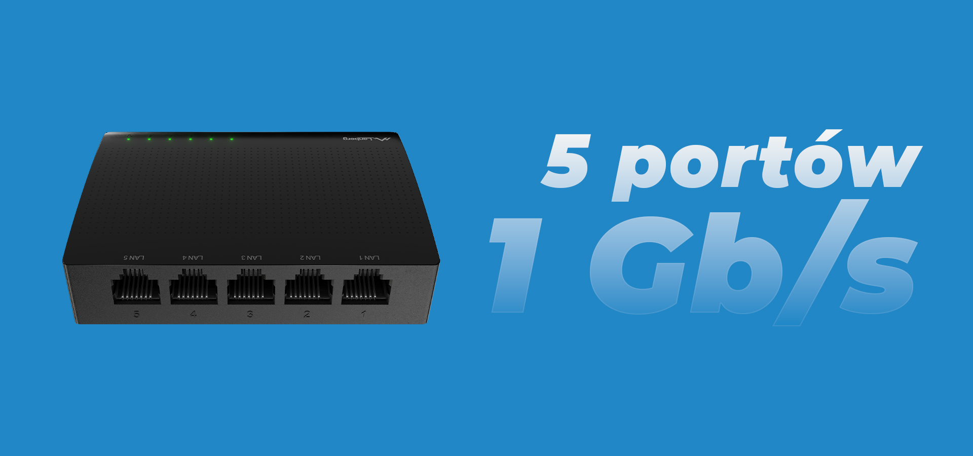 Urządzenie z pięcioma portami sieciowymi i diodami LED na gładkiej czarnej powierzchni.