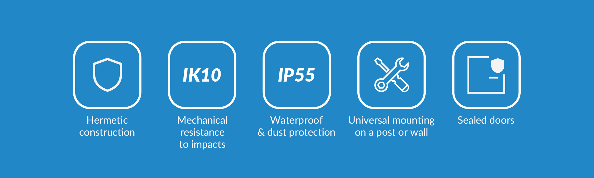 Icons representing features like protection, mounting options, and sealed construction.