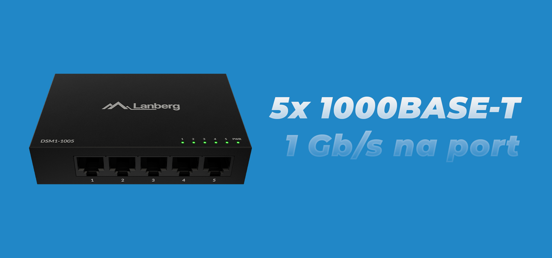 Przełącznik sieciowy z pięcioma portami i wskaźnikami statusu połączenia.