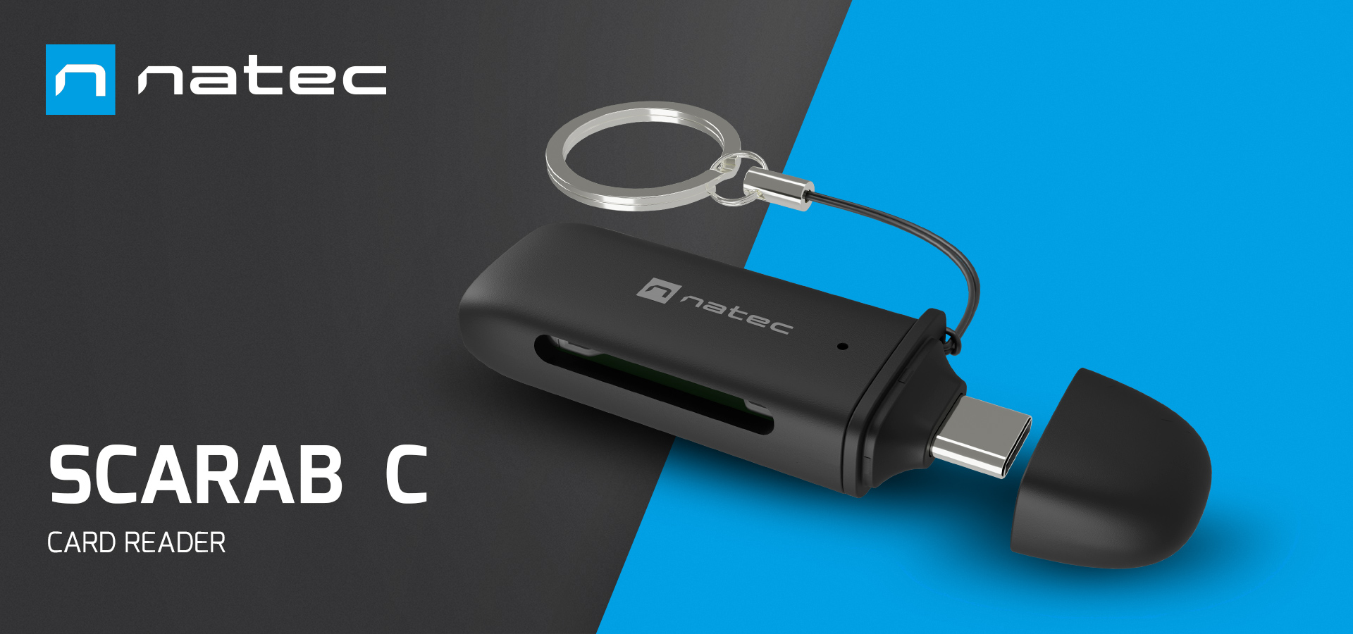 Compact black card reader with a keychain attachment and protective cap