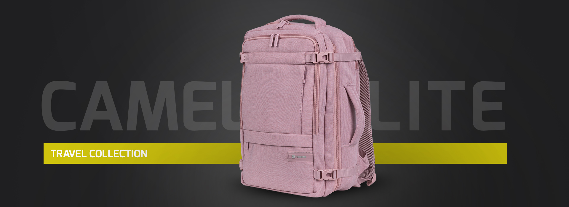 Pink backpack from a travel collection with multiple zippers and side pockets.