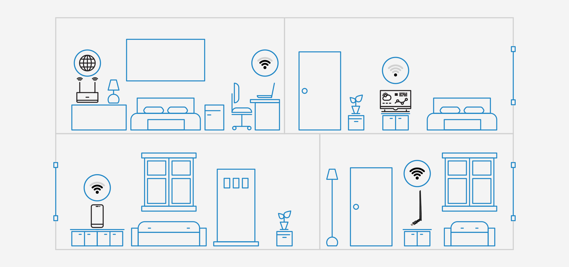 Ilustracja przedstawiająca układ domu z ikonami łączności bezprzewodowej w różnych pomieszczeniach