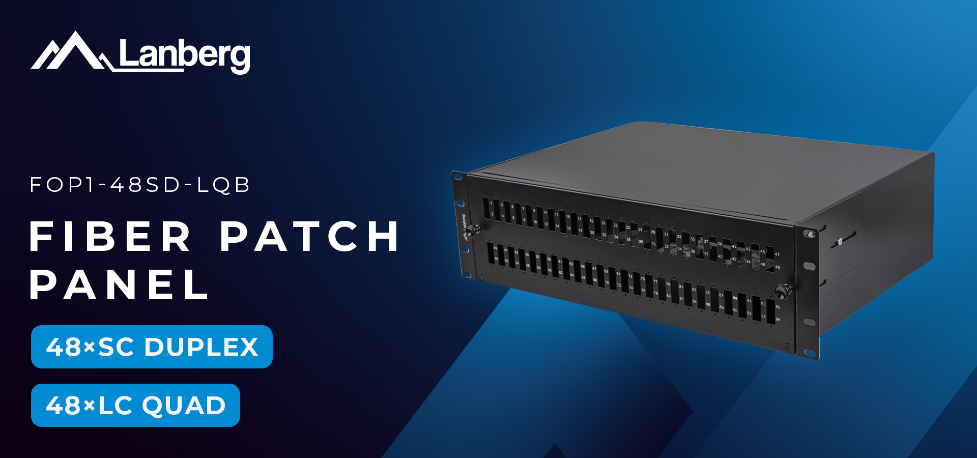 Black fiber patch panel with multiple ports for fiber optic connections.