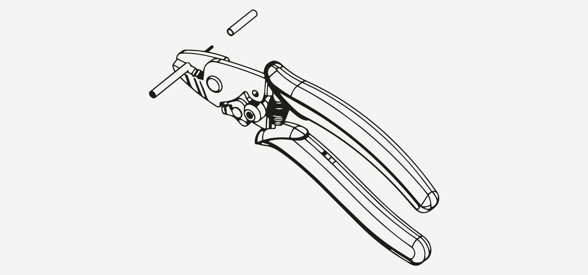 Narzędzie ręczne z dwoma uchwytami i mechanizmem chwytania małych przedmiotów, z piniem obok.