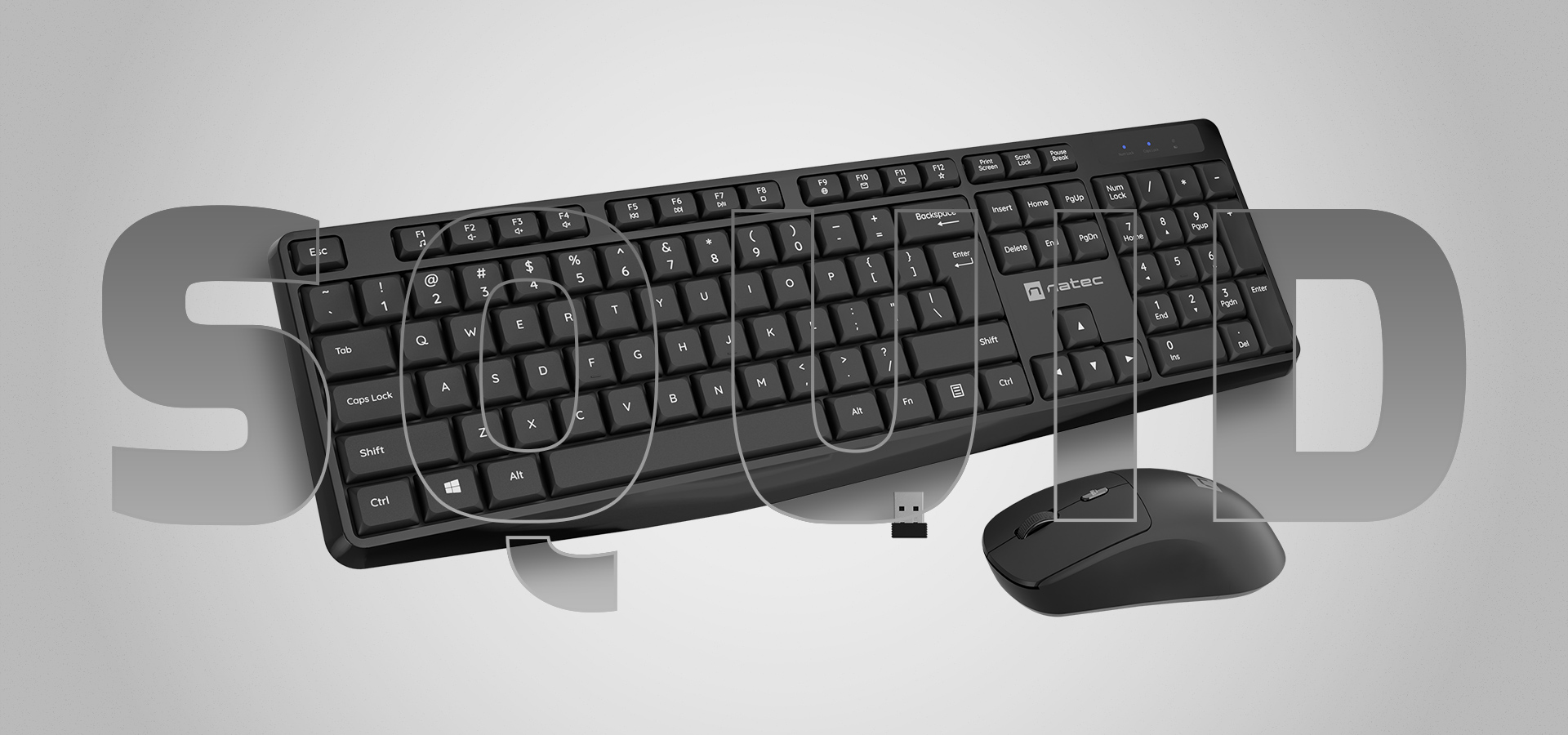 Black keyboard with a sleek design and a matching black mouse beside it.