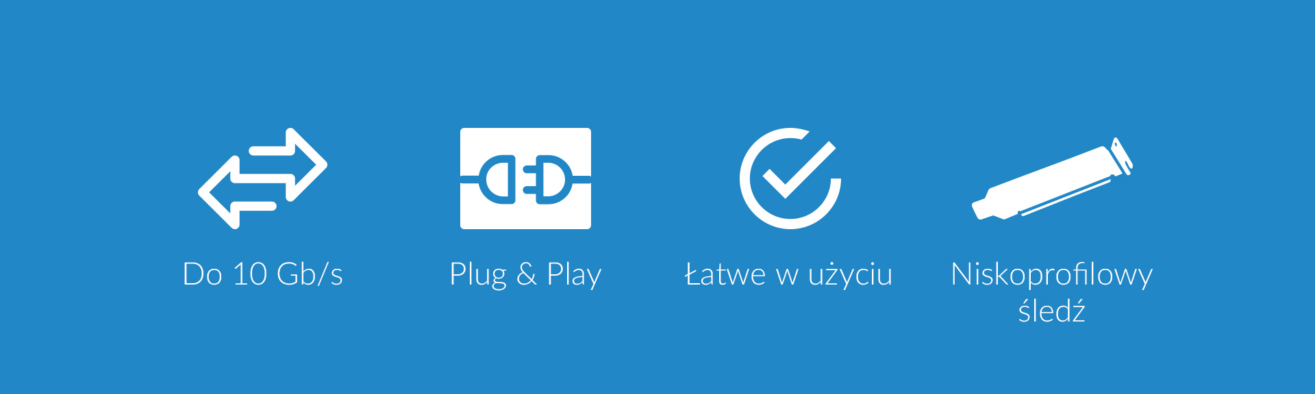 Cztery ikony na niebieskim tle przedstawiające różne cechy i aspekty użyteczności.
